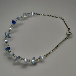 Sterling Silver Plated 6mm Blue Cats Eye Ball Bead 9in Bar Chain Bracelet VTG